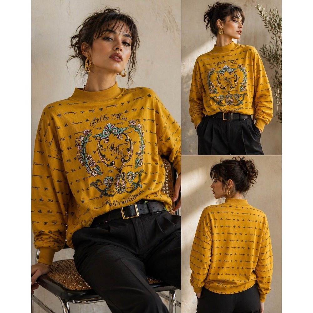 Vintage Bella Mia Mock Neck Top L Gold Baroque Graphic Crest 90s USA